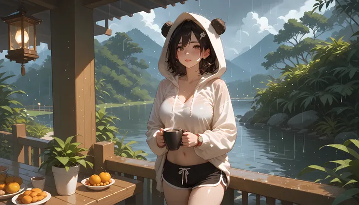 A girl with a nice body and nice breasts lounges under a thatched beach cabana, her perfect face softly lit by a warm lantern. Rain falls gently around her as she sips hot coffee, wearing a loose hoodie and shorts. Her perfect eyes watch the raindrops slid...