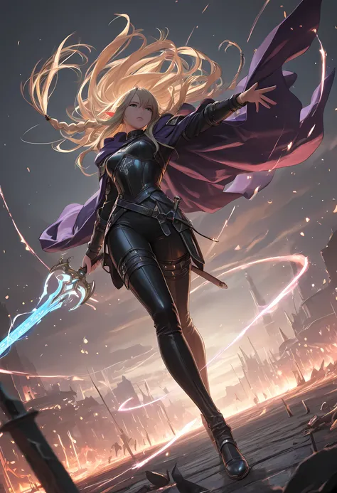arafed a picture of a female elf (intense details, Masterpiece, best quality) fantasy swashbuckler, fantasy fencer, armed with a slim sword, sword, metallic shine, colorful clothes, an ultra wide shot, full body (intense details, Masterpiece, best quality)...