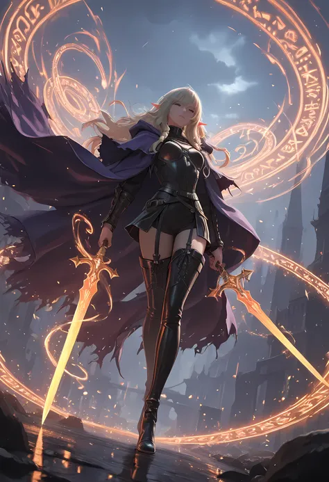 arafed a picture of a female elf (intense details, Masterpiece, best quality) fantasy swashbuckler, fantasy fencer, armed with a slim sword, sword, metallic shine, colorful clothes, an ultra wide shot, full body (intense details, Masterpiece, best quality)...