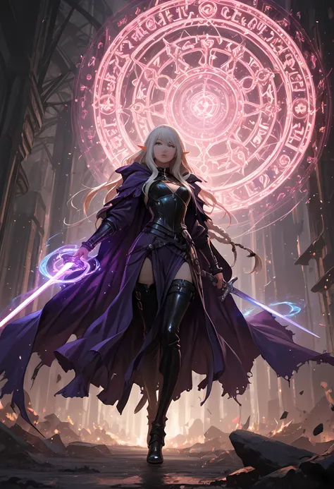 arafed a picture of a female elf (intense details, Masterpiece, best quality) fantasy swashbuckler, fantasy fencer, armed with a slim sword, sword, metallic shine, colorful clothes, an ultra wide shot, full body (intense details, Masterpiece, best quality)...