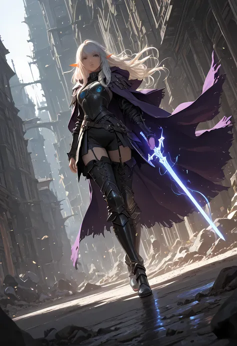 picture of a female elf (intense details, Masterpiece, best quality) fantasy swashbuckler, fantasy fencer, armed with a slim sword, sword, metallic shine, colorful clothes, an ultra wide shot, full body (intense details, Masterpiece, best quality) epic bea...