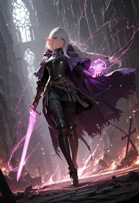 picture of a female elf (intense details, Masterpiece, best quality) fantasy swashbuckler, fantasy fencer, armed with a slim sword, sword, metallic shine, colorful clothes, wide shot, full body, best detailed face (intense details, Masterpiece, best qualit...