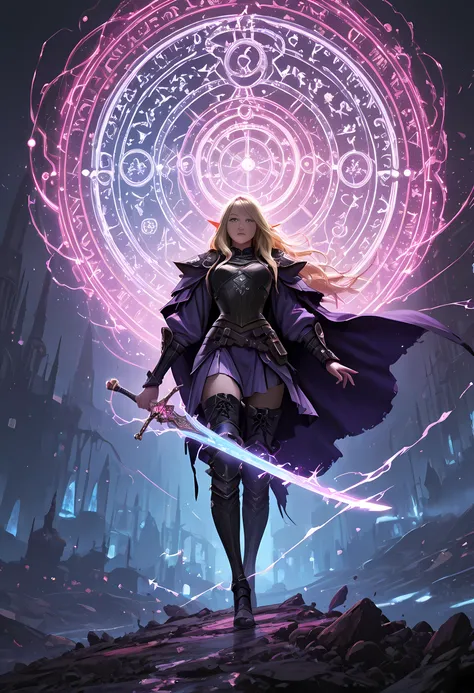 picture of a female elf bladesinger casting magic in an urban fantasy street, fantasy swashbuckler, fantasy fencer, armed with a slim sword, sword, metallic shine, colorful clothes, an ultra wide shot, full body, epic beautiful female elf, rich hair, brai...