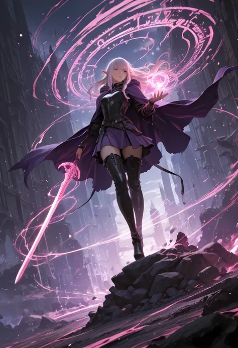 picture of a female elf (intense details, Masterpiece, best quality) fantasy swashbuckler, fantasy fencer, armed with a slim sword, sword, metallic shine, colorful clothes, wide shot, full body, best detailed face (intense details, Masterpiece, best qualit...