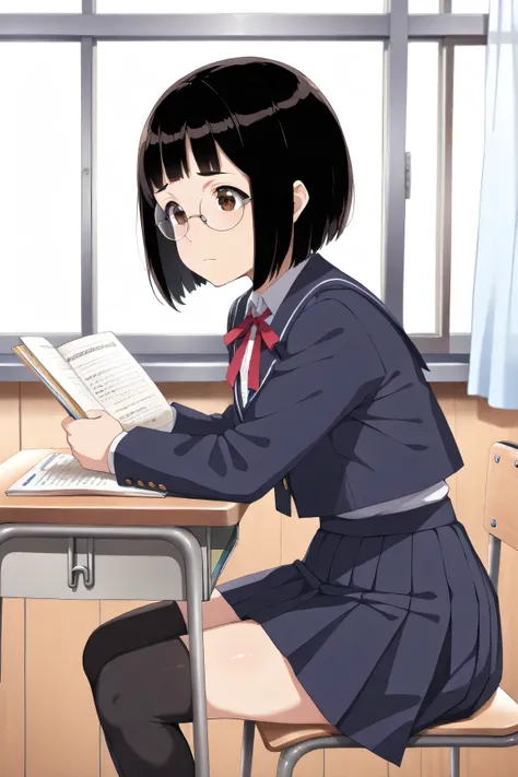 ((best quality)), ((finely detailed)), ((anatomically correct)), ((clear lines)), (top rated on pixiv), ((cinematic lighting)), 1girl, ((short black hair)), ((bob)), ((bangs)), (shining skin), ((short round face)), ((round glasses)), ((detailed brown eyes)...