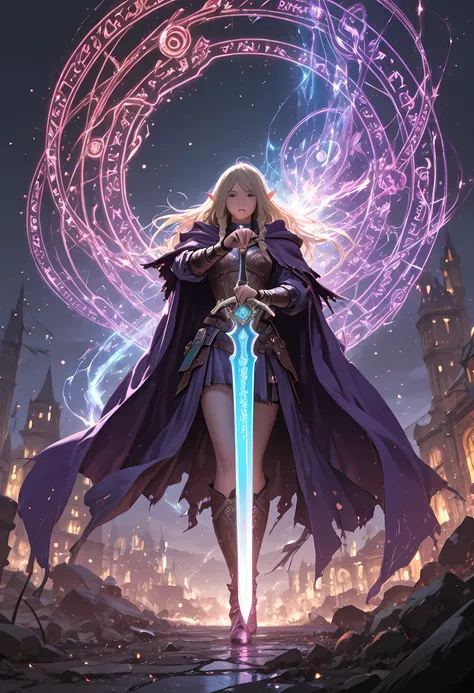 picture of a female elf bladesinger casting magic in an urban fantasy street, fantasy swashbuckler, fantasy fencer, armed with a slim sword, sword, metallic shine, colorful clothes, an ultra wide shot, full body, epic beautiful female elf, rich hair, brai...
