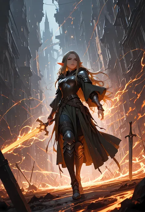 picture of a female elf (intense details, Masterpiece, best quality) fantasy swashbuckler, fantasy fencer, armed with a slim sword, sword, metallic shine, colorful clothes, wide shot, full body, best detailed face (intense details, Masterpiece, best qualit...