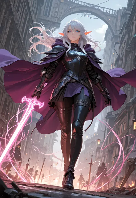 picture of a female elf (intense details, Masterpiece, best quality) fantasy swashbuckler, fantasy fencer, armed with a slim sword, sword, metallic shine, colorful clothes, wide shot, full body, best detailed face (intense details, Masterpiece, best qualit...