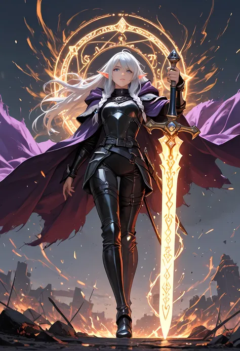 picture of a female elf (intense details, Masterpiece, best quality) fantasy swashbuckler, fantasy fencer, armed with a slim sword, sword, metallic shine, colorful clothes, wide shot, full body, best detailed face (intense details, Masterpiece, best qualit...
