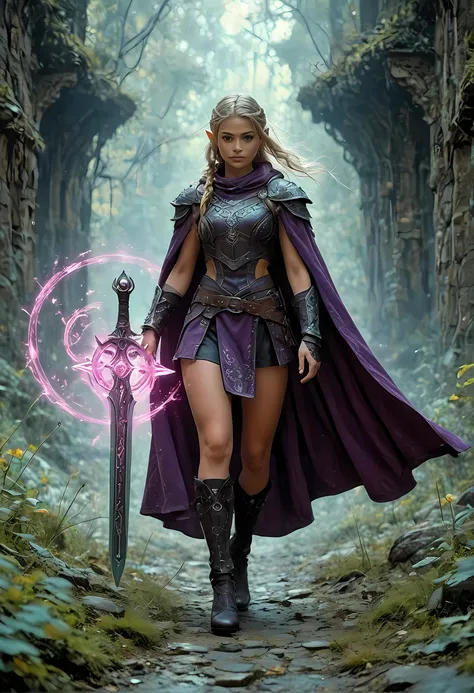 picture of a female elf (intense details, Masterpiece, best quality) fantasy swashbuckler, fantasy fencer, armed with a slim sword, sword, metallic shine, colorful clothes, wide shot, full body, best detailed face (intense details, Masterpiece, best qualit...
