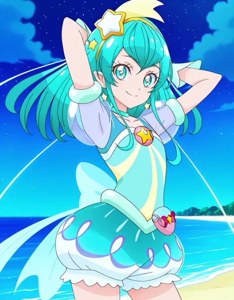 curemilky, starpri, shiny skin, anime screencap, high quality, solo, night sky, beach, hands behind head, ((contrapposto)), closed mouth, cowboy shot, looking at viewer, smile, best quality