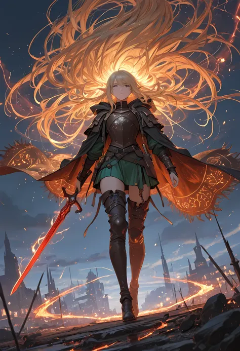 picture of a female elf (intense details, Masterpiece, best quality) fantasy swashbuckler, fantasy fencer, armed with a slim sword, sword, metallic shine, colorful clothes, wide shot, full body, best detailed face (intense details, Masterpiece, best qualit...