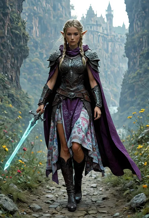 picture of a female elf (intense details, Masterpiece, best quality) fantasy swashbuckler, fantasy fencer, armed with a slim sword, sword, metallic shine, colorful clothes, wide shot, full body, best detailed face (intense details, Masterpiece, best qualit...