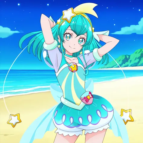 curemilky, starpri, shiny skin, anime screencap, high quality, solo, night sky, beach, hands behind head, ((contrapposto)), closed mouth, cowboy shot, looking at viewer, smile, best quality
