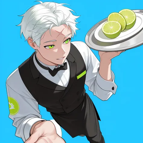 logo musical album, Korean boy vocaloid, white haired, with a star-shaped scar on his forehead, wearing waiter clothes,lime green eye color, Different Perspective, blue background