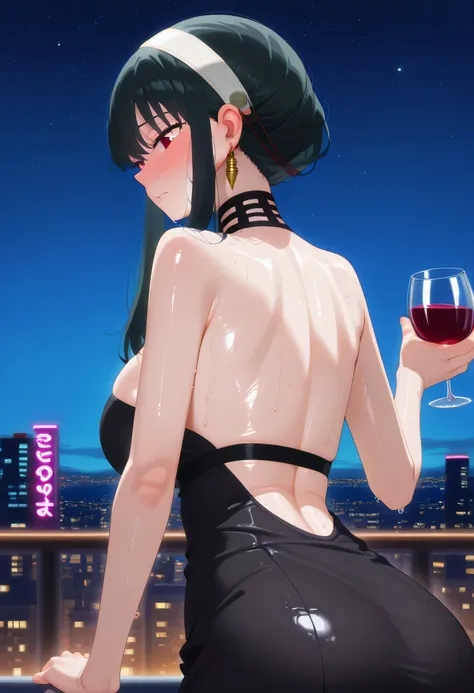 score_9, score_8_up, score_7_up, score_6_up, score_5_up, score_4_up, masterpiece, high quality, yor briar, black hair, red eyes, earrings, white hairband, hairband, long hair, sidelocks, large breasts, shiny skin, shiny hair, shiny body, clear body, large ...