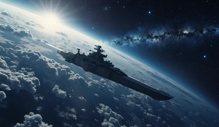 最high quality、high quality、space battleship Yamato and Andromeda galaxy high definition 8k wallpaper、Space Battleship YamatoからViews from Earth's Atmosphere、Watch Ryu Star、photorealistic、Extremely Detailed Atmospheric Scenery、complicated、high detail、univers...