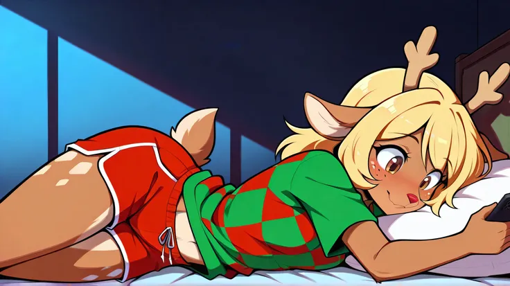 masterpiece, best quality, anime, deer girl, noelle_holiday in green-red checkered baggy shirt, red shorts, no shoes, long blonde hair, hoofs, anthro, brown fur, against a background of bedroom, night, brown eyes, looking at smartphone, lying on bed, white...