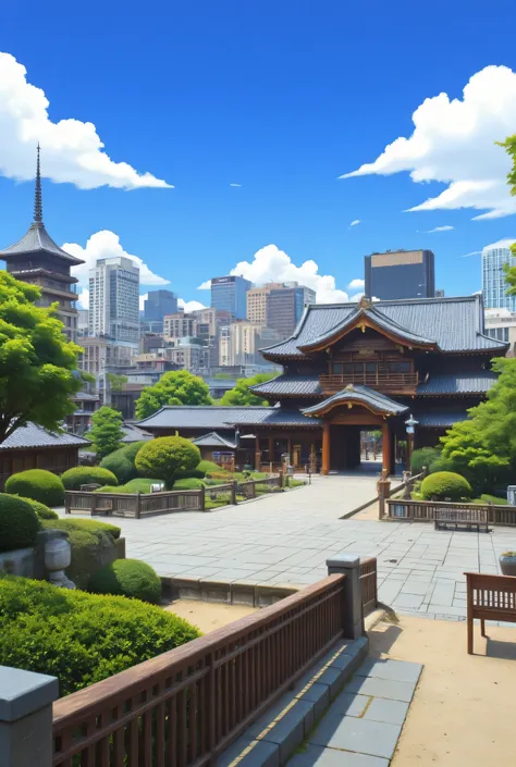 in high-definition images、Kyoto in the Sengoku Period、Honnoji Temple。There is a moat along the road and the castle wall on the other side of the moat、The temple gate is open and you can see the inside、2 Gōriomushi in front of the gate、Picturesque Backgrou...