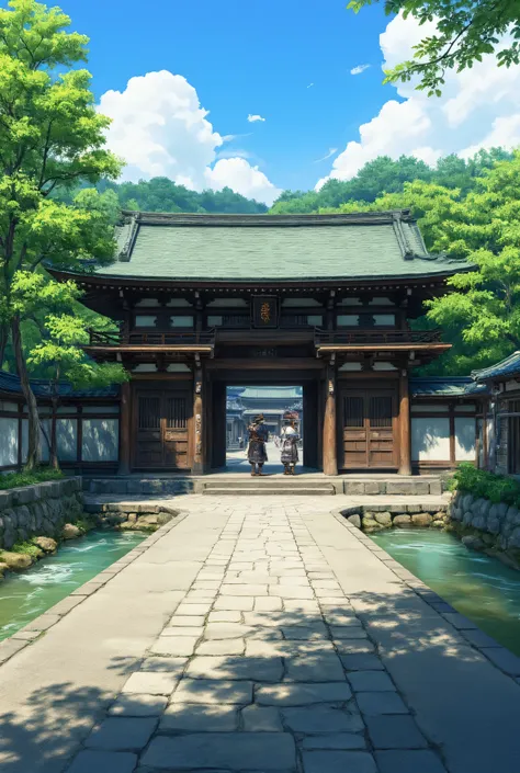 I'm imagining、(Kyoto in the Sengoku Period、Honnoji Temple)There is a moat along the road、お堀の向こう側にはRampartsがあり、The temple gate is open and you can see inside、2 samurai wearing armor in front of the gate、Picturesque Backgrounds、Ramparts、高解像度の背景は古代Honnoji Tem...