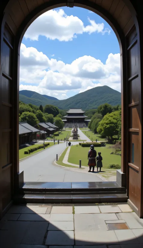 I'm imagining、when Oda Nobunaga was alive(Kyoto in the Sengoku Period、Honnoji Temple)there is a moat along the road、お堀の向こう側にはRampartsがあり、and the castle gate was open on the other side of the moat so you could look inside、there were two samurai wearing armo...