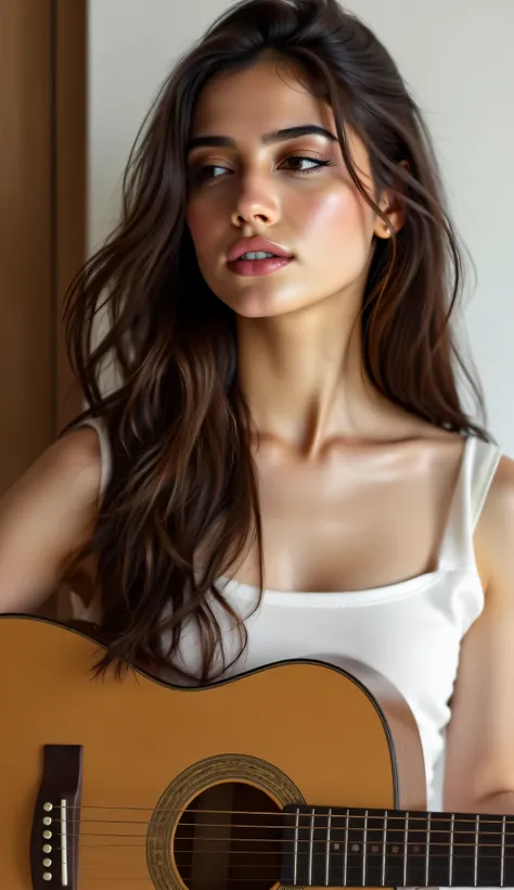 a pretty girl is singing and playing guitar, eyes opening