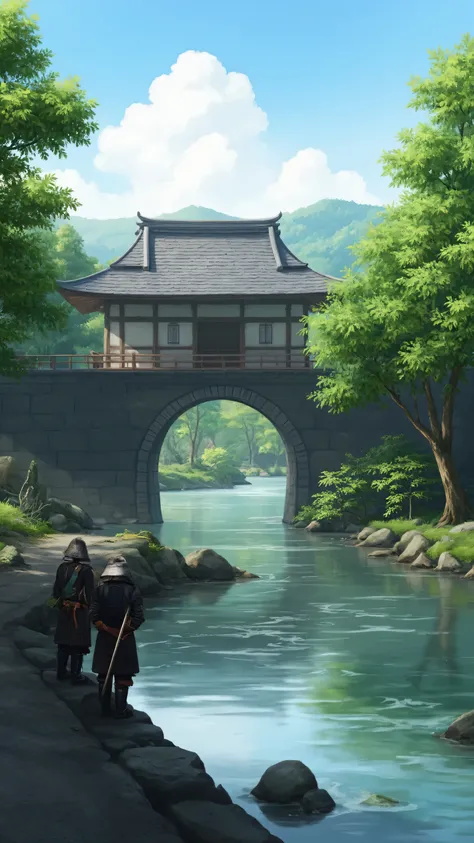 I'm imagining、when Oda Nobunaga was alive(Kyoto in the Sengoku Period、Honnoji Temple)there is a moat along the road、お堀の向こう側にはRampartsがあり、and the castle gate was open on the other side of the moat so you could look inside、there were two samurai wearing armor in front of the gate、Picturesque Backgrounds、Ramparts、高解像度の背景は古代Honnoji Temple、high-resolution digital painting、High Resolution Digital Paint、The state of Honno-ji Temple、Detailed Scenery。