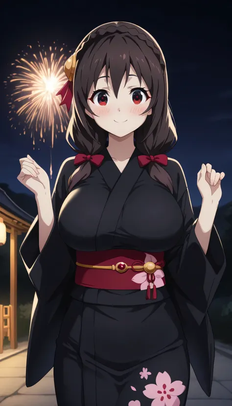 Give your images flat even illumination (negative) or dramatic chiaroscuro lighting (positive). Huge breast,  ,1girl, , , fireworks, japanese_clothes, solo, , smile, , , , , kimono, , sash, , , looking_at_viewer, night, blush, outdoors, obi, asymmetrical_b...