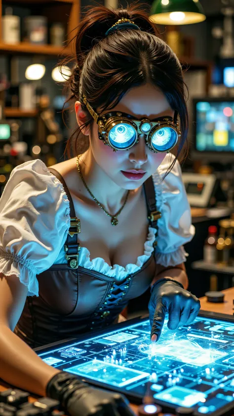 8k, Masterpiece, Top Quality, medium shot, slightly high angle, woman, dark hair tied back, wearing steampunk goggles with glowing lenses, looking down, wearing white ruffled blouse, brown corset, gloves, leaning over table, interacting with glowing blue h...