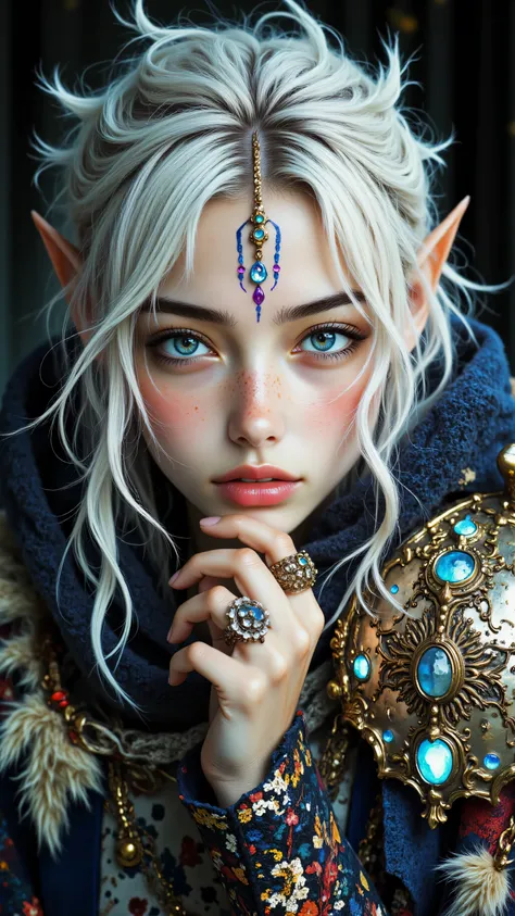 8k, Masterpiece, Top Quality, close-up, frontal view, woman, pointed furry ears, messy spiky white/blonde hair, bright blue eyes, intricate colorful face markings (blue, purple, red), ornate hair jewelry, hand with large intricate rings held near chin, ornate shoulder armor with glowing blue gems and fur trim, dark indistinct background, soft focused lighting

