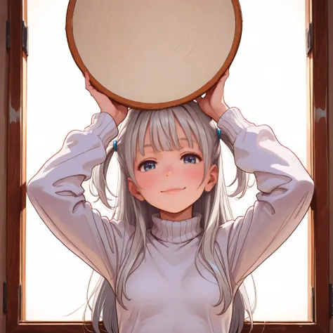 1 girl, (front view:1.9), (A person leaning on a window:1.3), (both hands raised above their head, holding a round board:1.5), gazing directly at the viewer, petite body, slender figure, small breasts, small frame, innocent smile, bright blue eyes, fair sm...