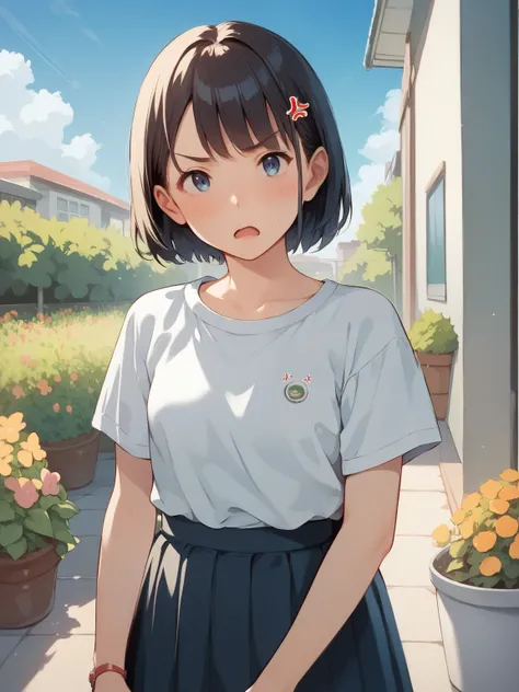 score_9, score_8_ up, score_7_ up, score_6_ up, score_5_ up, anime，nsfw， uncensored，girl，small breasts，Dairy Free，with bangs，elementary school student， young，anger，hair length is bob，photo shoot，garden，work， ugly lens clothes under a blue sky ， surrounded ...