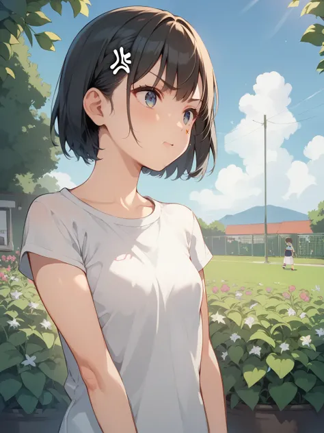 score_9, score_8_ up, score_7_ up, score_6_ up, score_5_ up, anime，nsfw， uncensored，girl，small breasts，Petite，skinny，Dairy Free，with bangs，elementary school student， young，anger，hair length is bob，photo shoot，garden，work， ugly lens clothes under a blue sky...