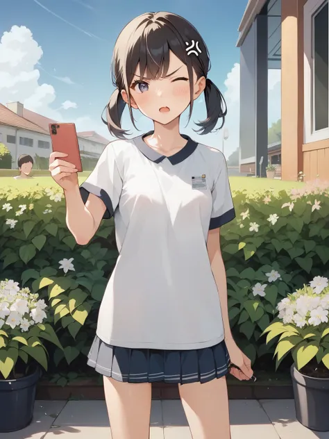 score_9, score_8_ up, score_7_ up, score_6_ up, score_5_ up, anime，nsfw， uncensored，girl，small breasts，Petite，skinny，Dairy Free，with bangs，elementary school student， young，anger，hair length is bob，photo shoot，garden，work， ugly lens clothes under a blue sky...
