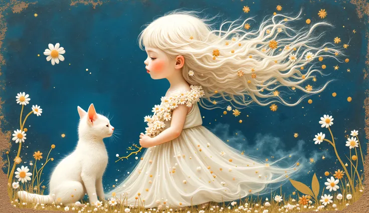 a girl (full body) in profile using a lei of white and gold flowers, her face is sweet and delicate, the wind makes her white hair fly and confuse with the small flowers of the lei, her dress fly with the wind too, and by her side is a small white cat, col...