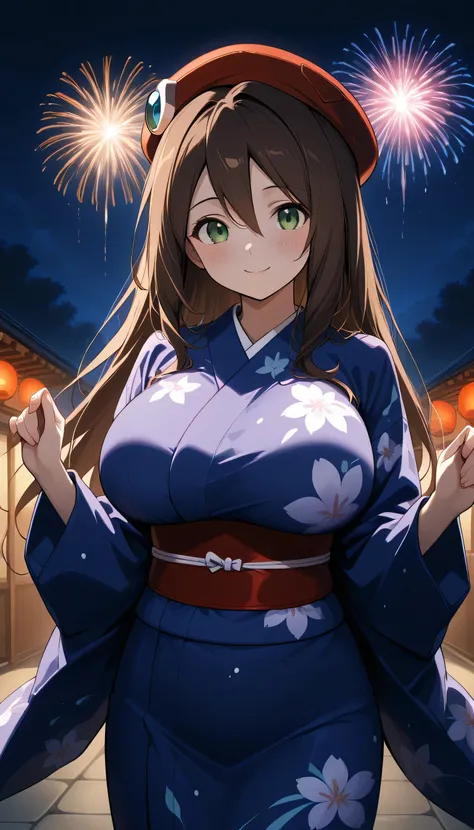Give your images flat even illumination (negative) or dramatic chiaroscuro lighting (positive). Huge breast, ,1girl, , , fireworks, japanese_clothes, solo, , smile, , , , , kimono, , sash, , , looking_at_viewer, night, blush, outdoors, obi, , floral_print,...