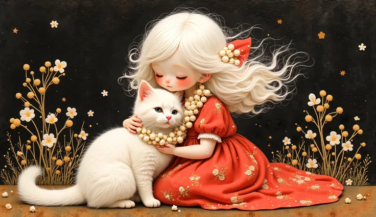 a girl (full body) sitting with her white cat, both using a lei of white and gold flowers, her face is sweet and delicate, the wind makes her white hair fly and confuse with the small flowers of the lei, her dress fly with the wind too, color palette: re...