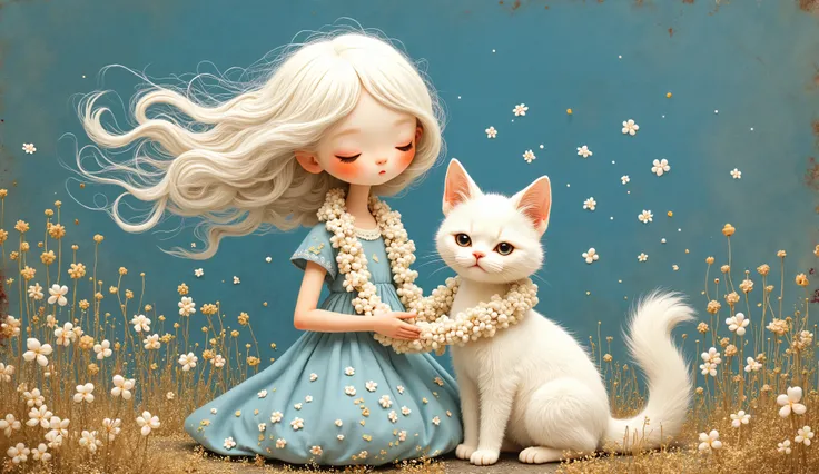 a girl (full body) sitting with her white cat, both using a lei of white and gold flowers, her face is sweet and delicate, the wind makes her white hair fly and confuse with the small flowers of the lei, her dress fly with the wind too, color palette: bl...