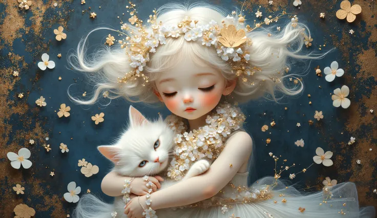 a girl (full body) hugs her white cat, both using a lei of white and gold flowers, her face is sweet and delicate, the wind makes her white hair fly and confuse with the small flowers of the lei, her dress fly with the wind too, color palette: blue, whit...