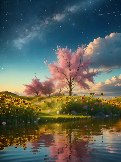 A serene landscape of spring with a crystalline lake reflecting the blue sky and soft clouds, a soft breeze causing delicate ripples in the water. Around the lake there are wild flowers in vibrant shades of pink, lavender, yellow sunflower, and soft coral,...