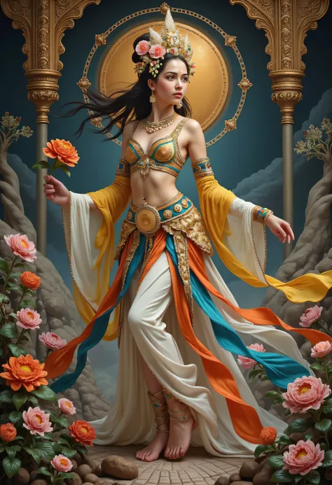 Balinese girl with gold coins, beautiful outfits embroidered with intricate embroidery, fluid, long and transparent colored ribbons tied to her arms, inspired by the Dunhuang Flying Apsaras murals, showing the navel, bare shoulders , the bare neck , her ...
