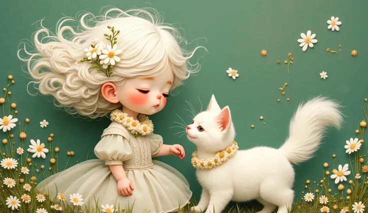 a girl (full body) play with her white cat, both using a lei of white and gold flowers, her face is sweet and delicate, the wind makes her white hair fly and confuse with the small flowers of the lei, her dress fly with the wind too, color palette: green...