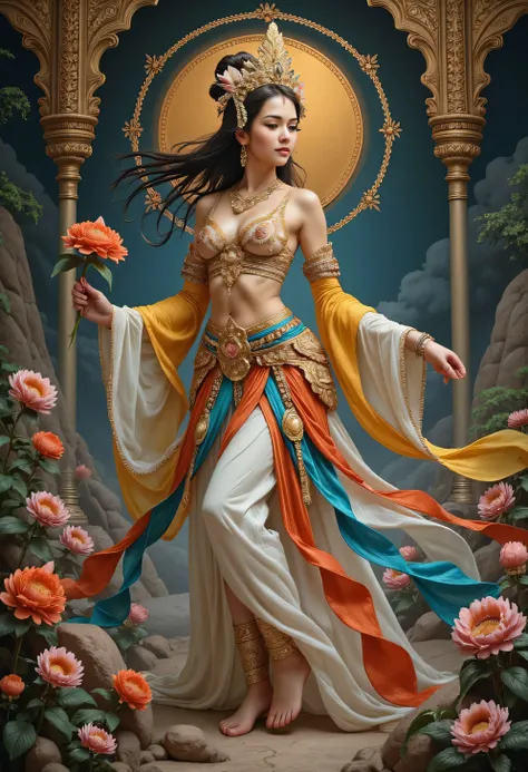 Balinese girl with gold coins, beautiful outfits embroidered with intricate embroidery, fluid, long and transparent colored ribbons tied to her arms, inspired by the Dunhuang Flying Apsaras murals, showing the navel, bare shoulders , the bare neck , her ...