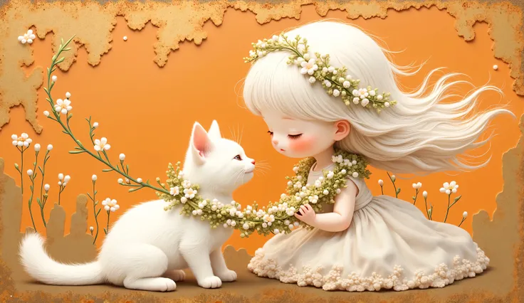 a girl (full body) plays with her white cat, both using a lei of white and gold flowers, her face is sweet and delicate, the wind makes her white hair fly and confuse with the small flowers of the lei, her dress fly with the wind too, color palette: pal...