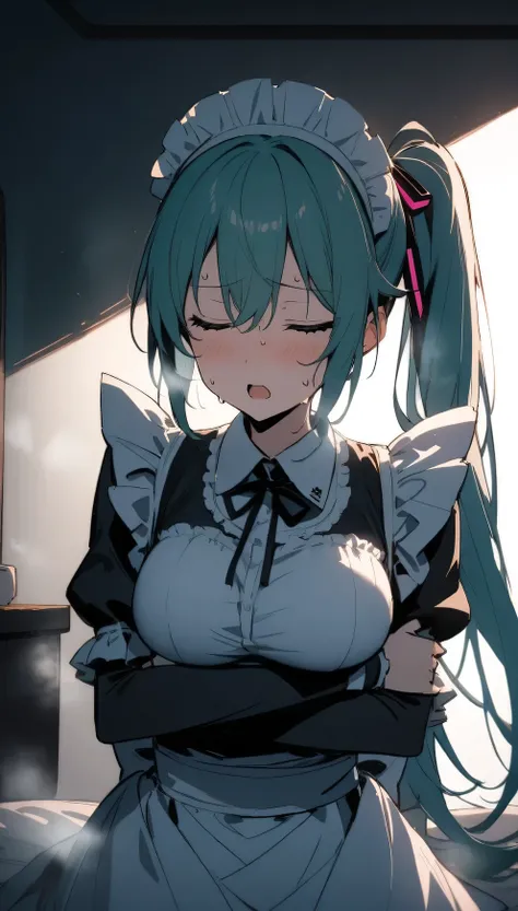 (masterpiece:1.2), ハイパー Details, best quality, (Complex_ Details:1.1), 美しい Details, Beautiful Hair, Pony Tail Hair, Alone, 1 girl, Hatsune Miku,( is sweating:1.2),(steam:1.4), breathes heavily in the gang's lair ,steam,,the above, shoulder,((Maid)), clevis...