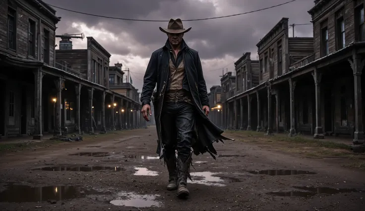 Hyper-realistic cinematic wide shot captured in 16:9 aspect ratio: a solitary cowboy walks slowly down the center of a deserted, mud-soaked street in a crumbling, forgotten Old West town at dusk. The cold air hangs heavy with mist and the lingering threat ...