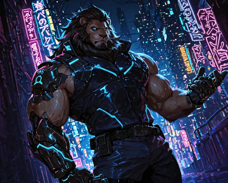 male lion cyberpunk police officer about to breach a door, sharp blue cybernetic eyes, dark mane, strong jawline, large muscles, cybernetic left arm, stern look, cyberpunk police outfit, cyberpunk pistol in hand, at night, neon lights, masterpiece, high qu...