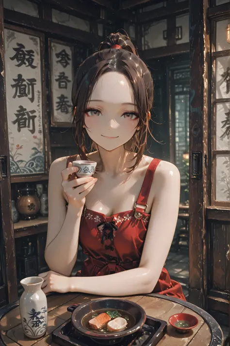 one girl,in a casual red dress,ponytail,Forehead,quiet bar,boiled fish and sake on a round table, drinking sake,smile at viewers、Overall composition