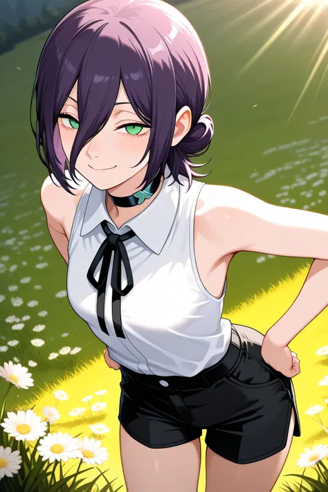 masterpiece, best quality, amazing quality,,  reze, reze (chainsaw man), black choker, purple hair, choker, eyebrows hidden by hair, green eyes, hair between eyes, long bangs, medium hair, mature female, small breasts, bare shoulders, black ribbon, black s...