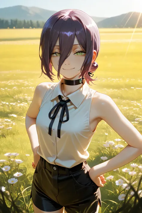 masterpiece, best quality, amazing quality,,  reze, reze (chainsaw man), black choker, purple hair, choker, eyebrows hidden by hair, green eyes, hair between eyes, long bangs, medium hair, mature female, small breasts, bare shoulders, black ribbon, black s...
